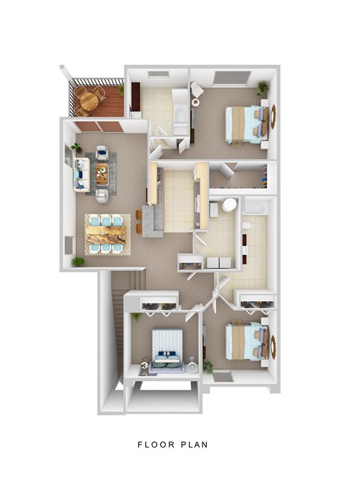 A floor plan of a house with a kitchen, living room, dining room, and bedrooms.